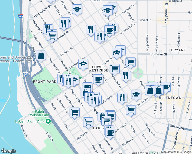 map of restaurants, bars, coffee shops, grocery stores, and more near 173 Fargo Avenue in Buffalo