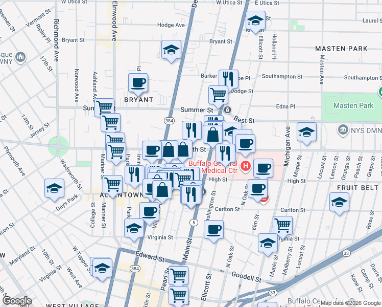 map of restaurants, bars, coffee shops, grocery stores, and more near 40 North Street in Buffalo