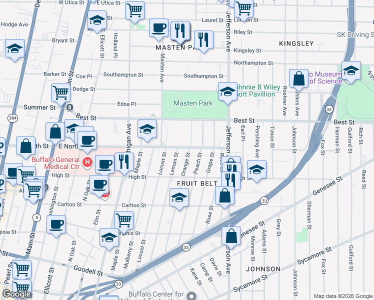 map of restaurants, bars, coffee shops, grocery stores, and more near 250 Orange Street in Buffalo