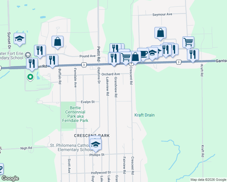 map of restaurants, bars, coffee shops, grocery stores, and more near 937 Grandview Road in Fort Erie