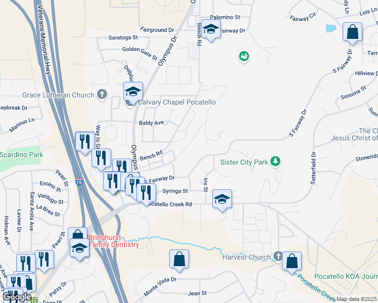 map of restaurants, bars, coffee shops, grocery stores, and more near 1757 South Von Elm Street in Pocatello