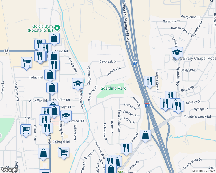 map of restaurants, bars, coffee shops, grocery stores, and more near 724 Park Lane in Pocatello
