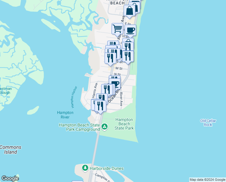 map of restaurants, bars, coffee shops, grocery stores, and more near 3 Concord Avenue in Hampton