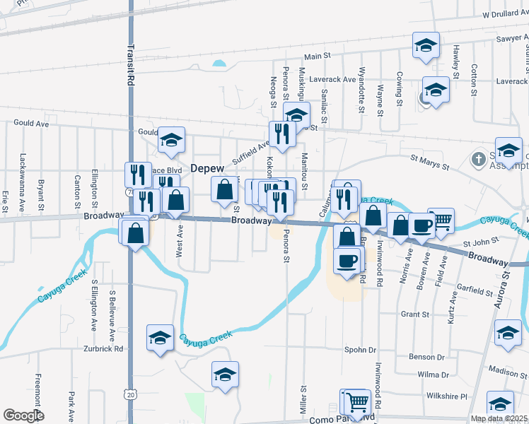 map of restaurants, bars, coffee shops, grocery stores, and more near 5041 U.S. 20 in Depew