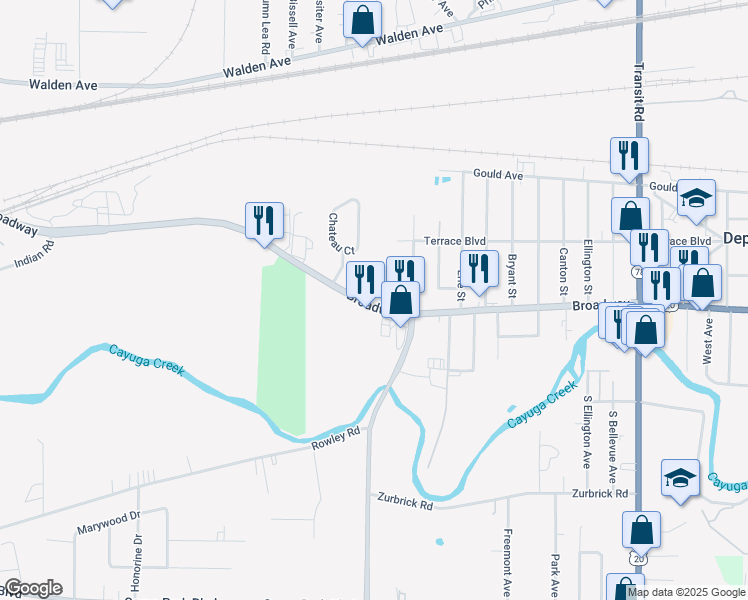 map of restaurants, bars, coffee shops, grocery stores, and more near in Depew