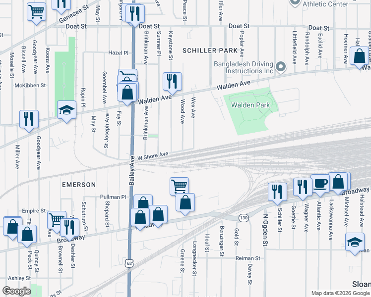 map of restaurants, bars, coffee shops, grocery stores, and more near 4 Wex Avenue in Buffalo