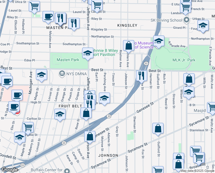 map of restaurants, bars, coffee shops, grocery stores, and more near 48 Timon Street in Buffalo