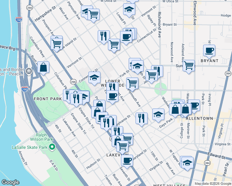 map of restaurants, bars, coffee shops, grocery stores, and more near in Buffalo