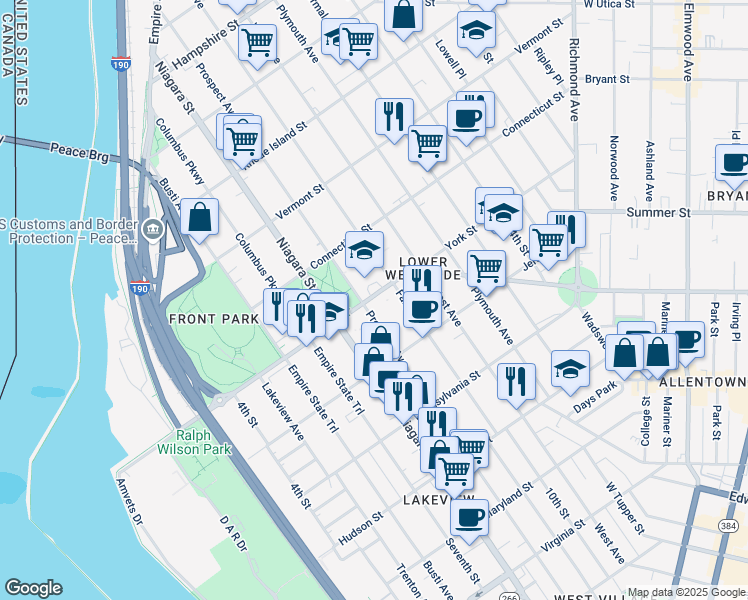 map of restaurants, bars, coffee shops, grocery stores, and more near 291 Porter Avenue in Buffalo