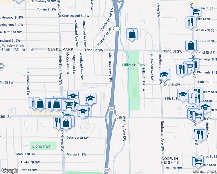 map of restaurants, bars, coffee shops, grocery stores, and more near 550 34th Street Southwest in Wyoming