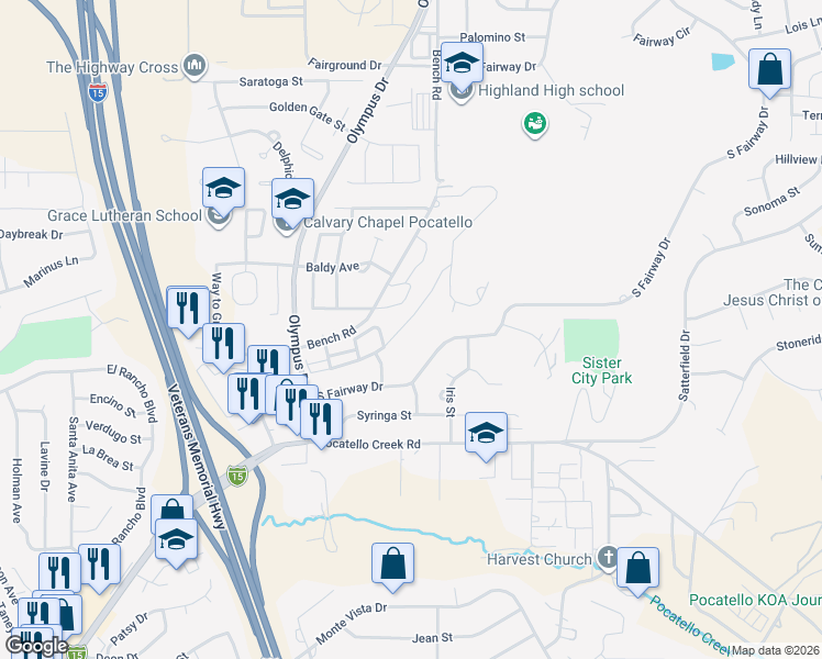 map of restaurants, bars, coffee shops, grocery stores, and more near 1819 South Von Elm Street in Pocatello