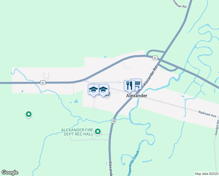 map of restaurants, bars, coffee shops, grocery stores, and more near Buffalo Street in Alexander