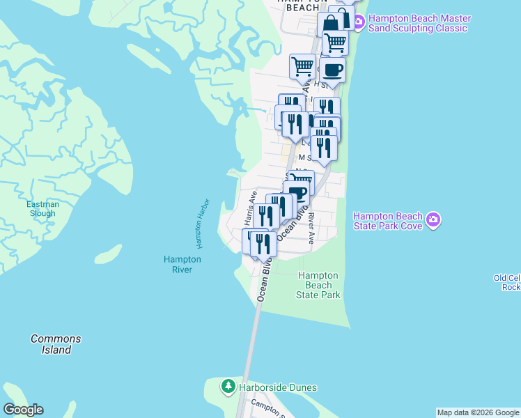 map of restaurants, bars, coffee shops, grocery stores, and more near 19 Harris Avenue in Hampton