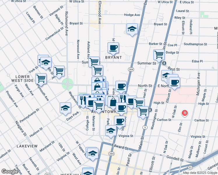 map of restaurants, bars, coffee shops, grocery stores, and more near 162 Park Street in Buffalo