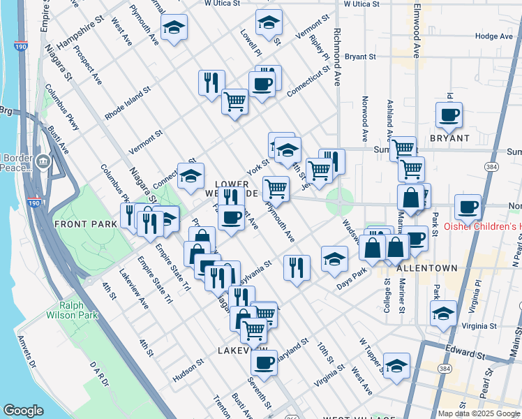 map of restaurants, bars, coffee shops, grocery stores, and more near 298 Jersey Street in Buffalo
