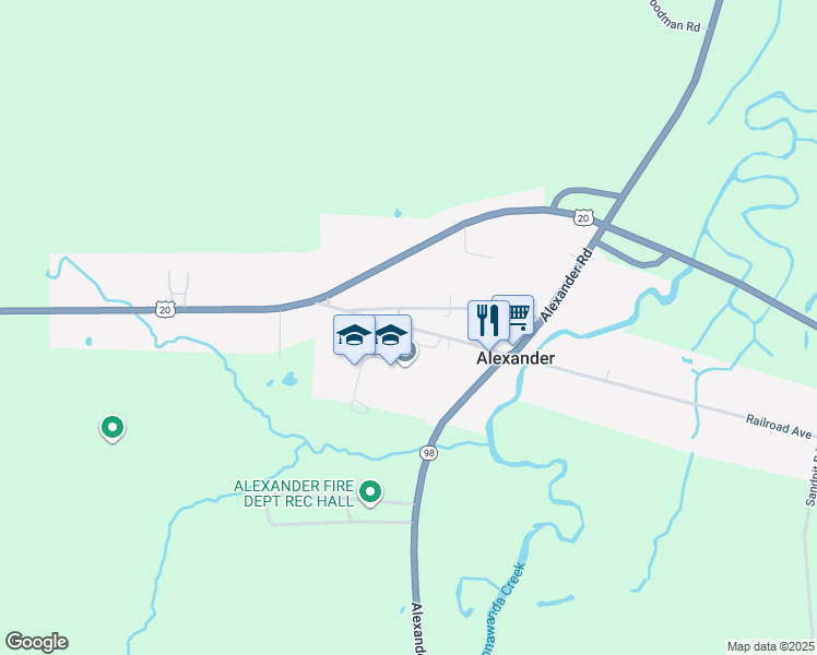 map of restaurants, bars, coffee shops, grocery stores, and more near Buffalo Street in Alexander