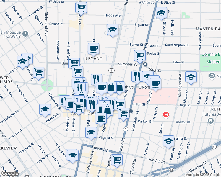 map of restaurants, bars, coffee shops, grocery stores, and more near in Buffalo