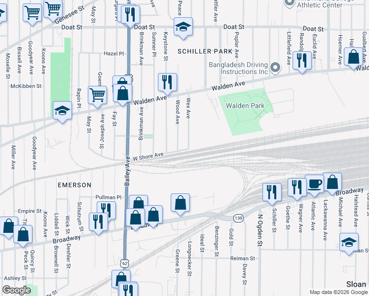 map of restaurants, bars, coffee shops, grocery stores, and more near 4 Wex Avenue in Buffalo