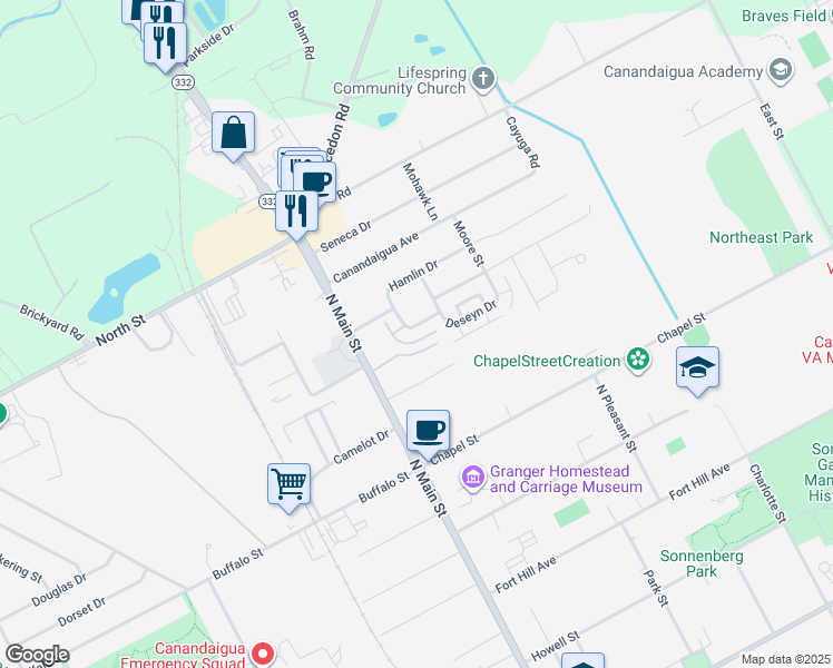 map of restaurants, bars, coffee shops, grocery stores, and more near 22 Hamlin Drive in Canandaigua