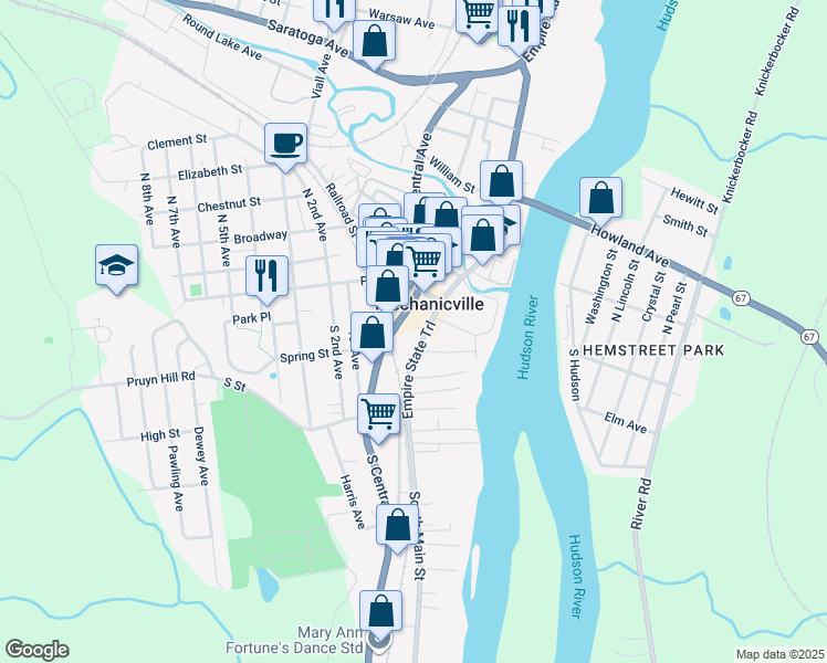 map of restaurants, bars, coffee shops, grocery stores, and more near 48 South Main Street in Mechanicville