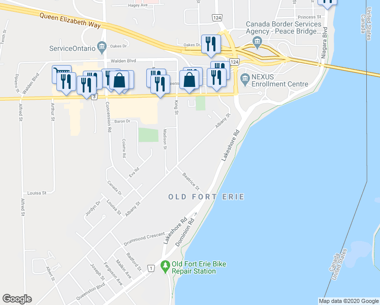 map of restaurants, bars, coffee shops, grocery stores, and more near 137 Albany Street in Fort Erie