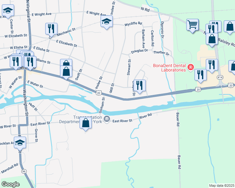 map of restaurants, bars, coffee shops, grocery stores, and more near 343 U.S. 20 in Waterloo