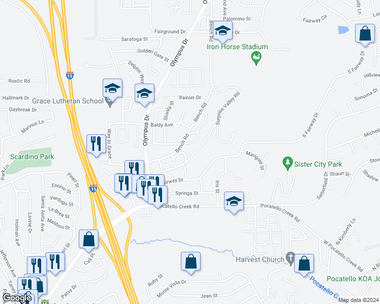 map of restaurants, bars, coffee shops, grocery stores, and more near 1757 South Von Elm Street in Pocatello