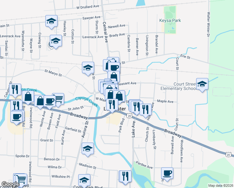 map of restaurants, bars, coffee shops, grocery stores, and more near 24 Central Avenue in Lancaster