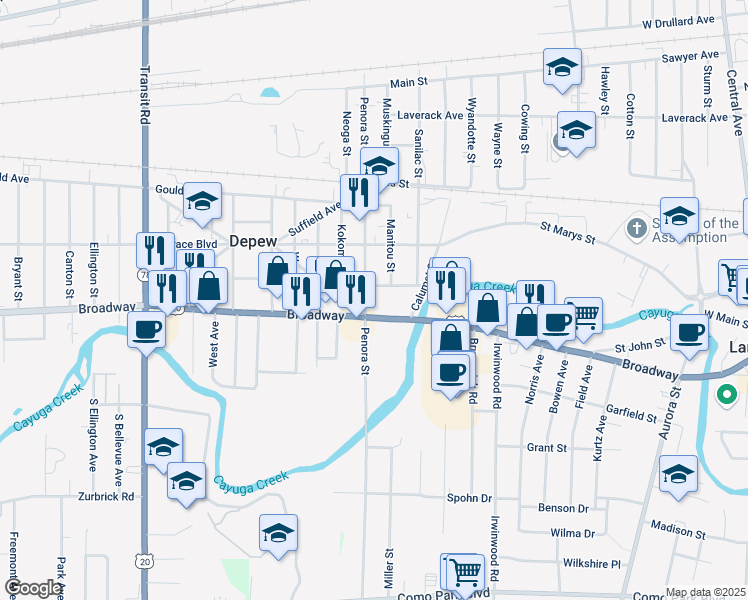map of restaurants, bars, coffee shops, grocery stores, and more near 5080 U.S. 20 in Depew