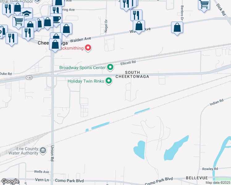 map of restaurants, bars, coffee shops, grocery stores, and more near 3497 Broadway in Buffalo