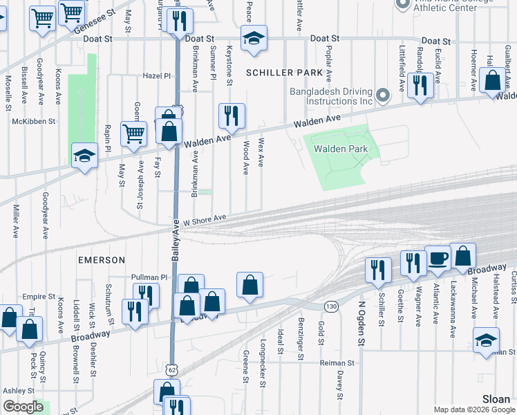 map of restaurants, bars, coffee shops, grocery stores, and more near 4 Wex Avenue in Buffalo