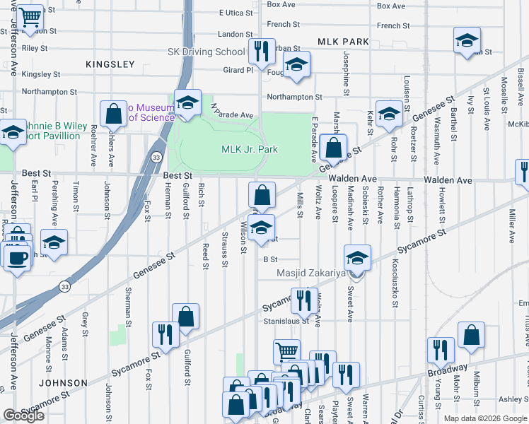 map of restaurants, bars, coffee shops, grocery stores, and more near 13 Peterson Street in Buffalo