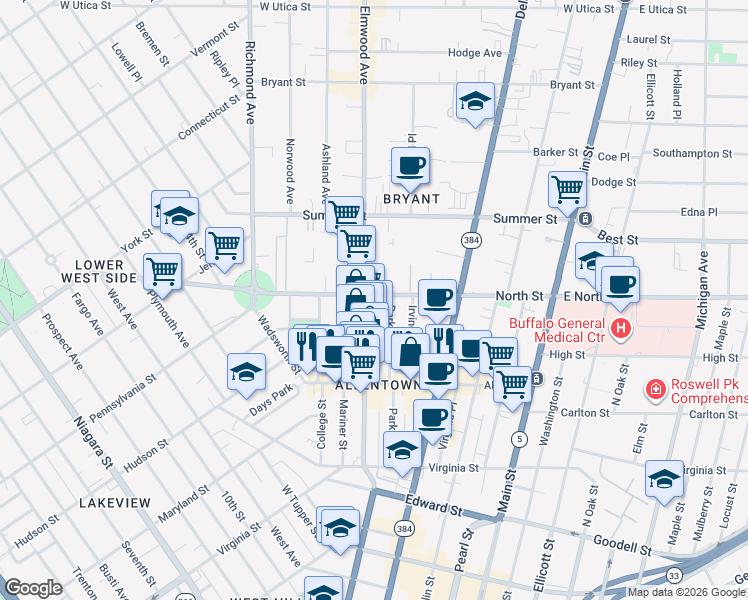 map of restaurants, bars, coffee shops, grocery stores, and more near 162 Park Street in Buffalo