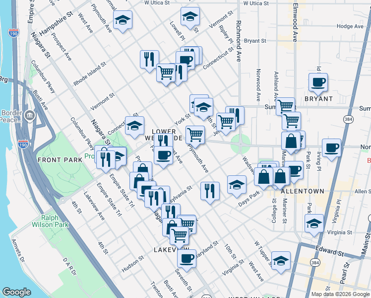 map of restaurants, bars, coffee shops, grocery stores, and more near 291 Jersey Street in Buffalo