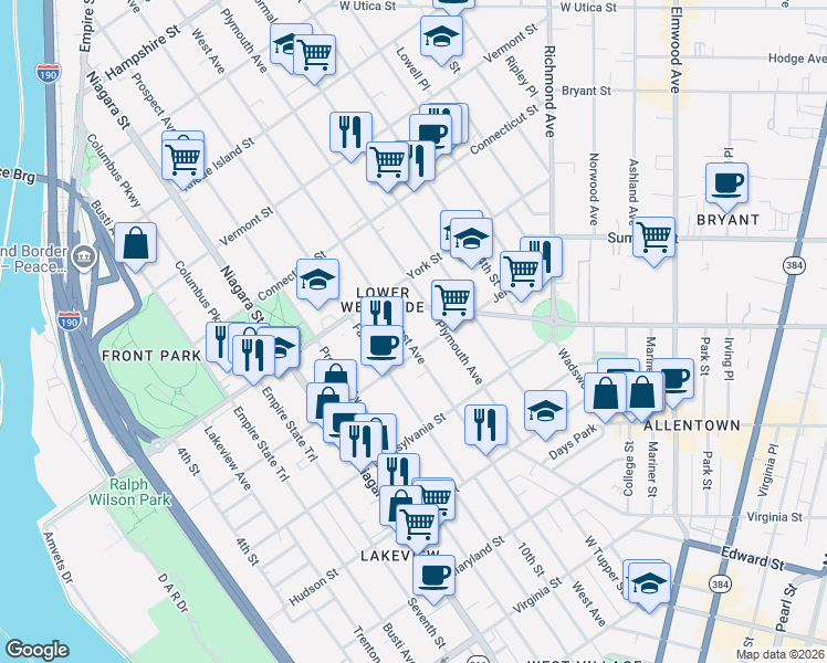 map of restaurants, bars, coffee shops, grocery stores, and more near 252 Jersey Street in Buffalo