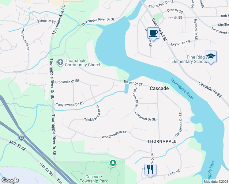map of restaurants, bars, coffee shops, grocery stores, and more near 6710 Tanglewood Drive Southeast in Grand Rapids