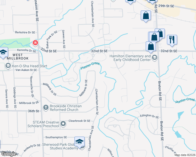 map of restaurants, bars, coffee shops, grocery stores, and more near 3413 Bromley Drive Southeast in Grand Rapids