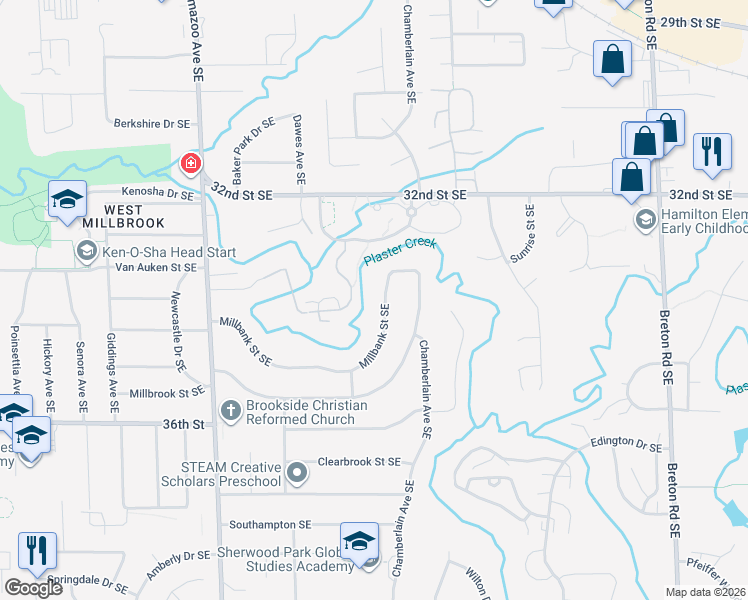 map of restaurants, bars, coffee shops, grocery stores, and more near 1923 Millbank Street Southeast in Grand Rapids