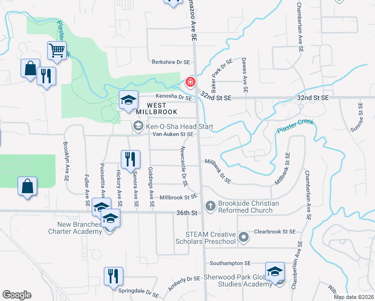 map of restaurants, bars, coffee shops, grocery stores, and more near 3361 Kalamazoo Avenue Southeast in Grand Rapids
