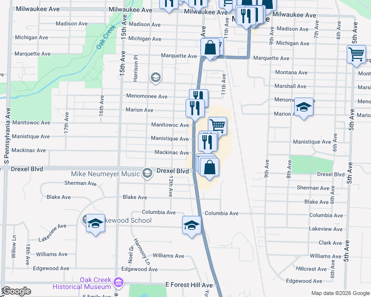 map of restaurants, bars, coffee shops, grocery stores, and more near 1229 Mackinac Avenue in South Milwaukee