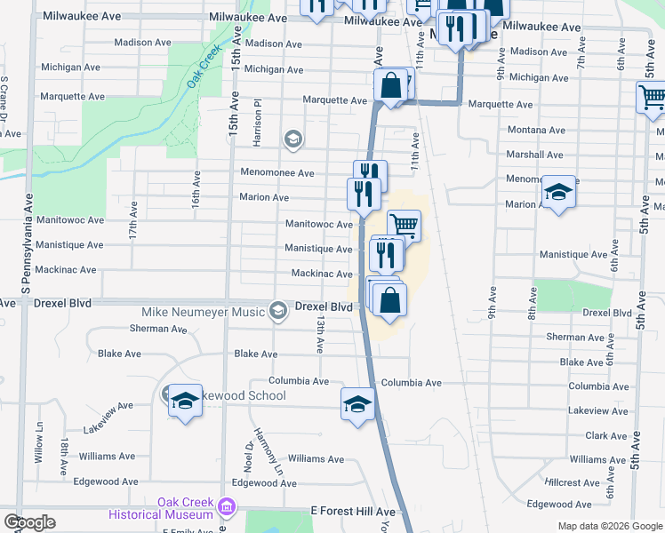 map of restaurants, bars, coffee shops, grocery stores, and more near 1229 Mackinac Avenue in South Milwaukee