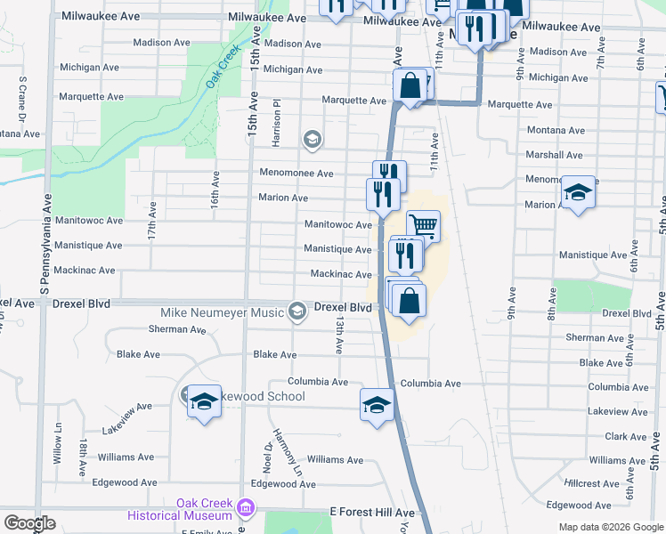 map of restaurants, bars, coffee shops, grocery stores, and more near 1315 Mackinac Avenue in South Milwaukee
