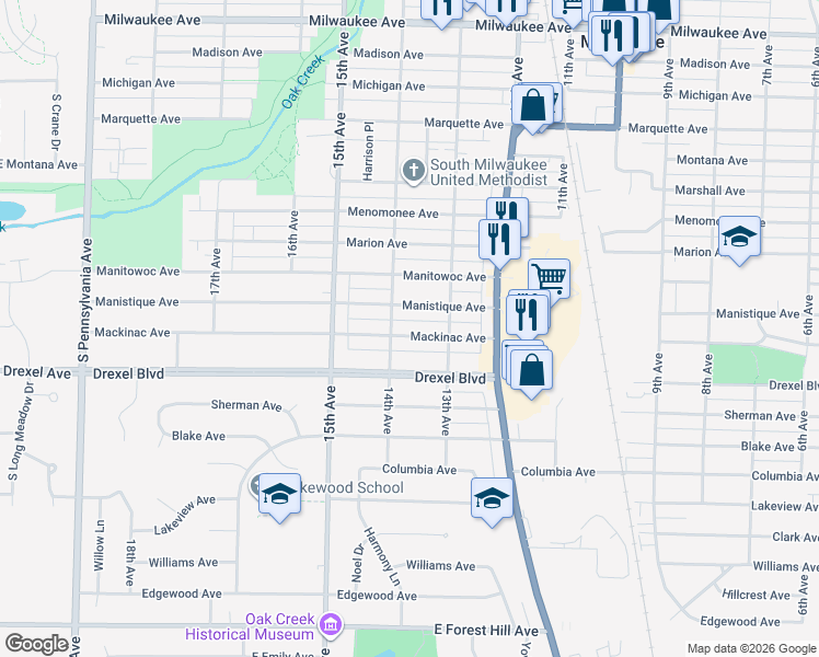 map of restaurants, bars, coffee shops, grocery stores, and more near 1315 Mackinac Avenue in South Milwaukee