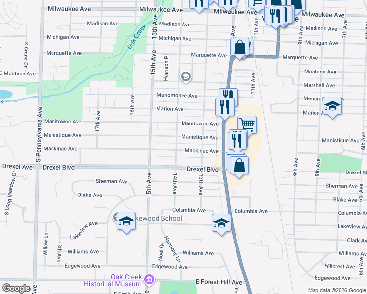 map of restaurants, bars, coffee shops, grocery stores, and more near 1315 Mackinac Avenue in South Milwaukee