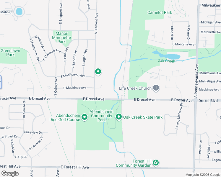 map of restaurants, bars, coffee shops, grocery stores, and more near 1316 East Drexel Avenue in Oak Creek