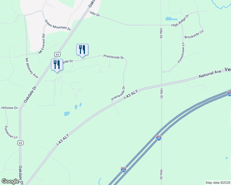 map of restaurants, bars, coffee shops, grocery stores, and more near W257S7815 Prairieside Drive in Waukesha