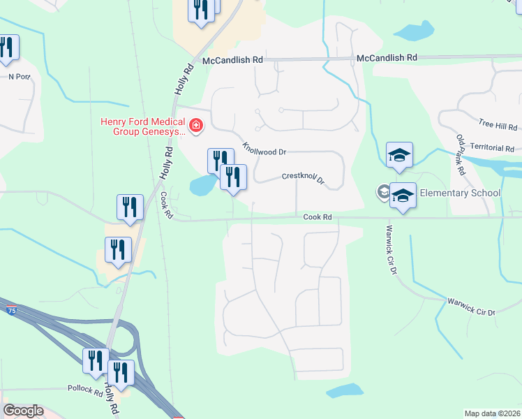 map of restaurants, bars, coffee shops, grocery stores, and more near 4197 East Cook Road in Grand Blanc