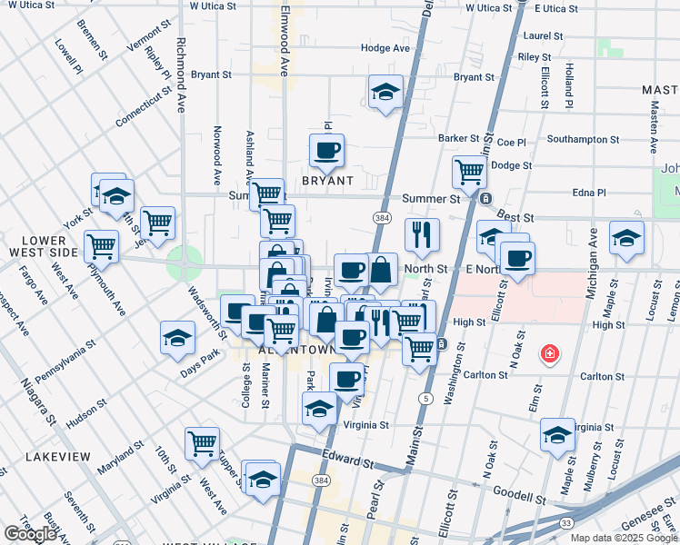 map of restaurants, bars, coffee shops, grocery stores, and more near 140 North Street in Buffalo