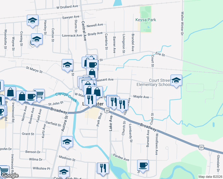 map of restaurants, bars, coffee shops, grocery stores, and more near 50 School Street in Lancaster
