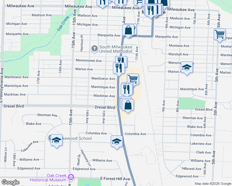 map of restaurants, bars, coffee shops, grocery stores, and more near 3000 South Chicago Avenue in South Milwaukee